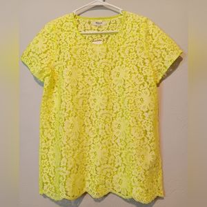 Madewell Tops Lace Floral Bright Neon Yellow-Lime Short Sleeve SzM Crewneck